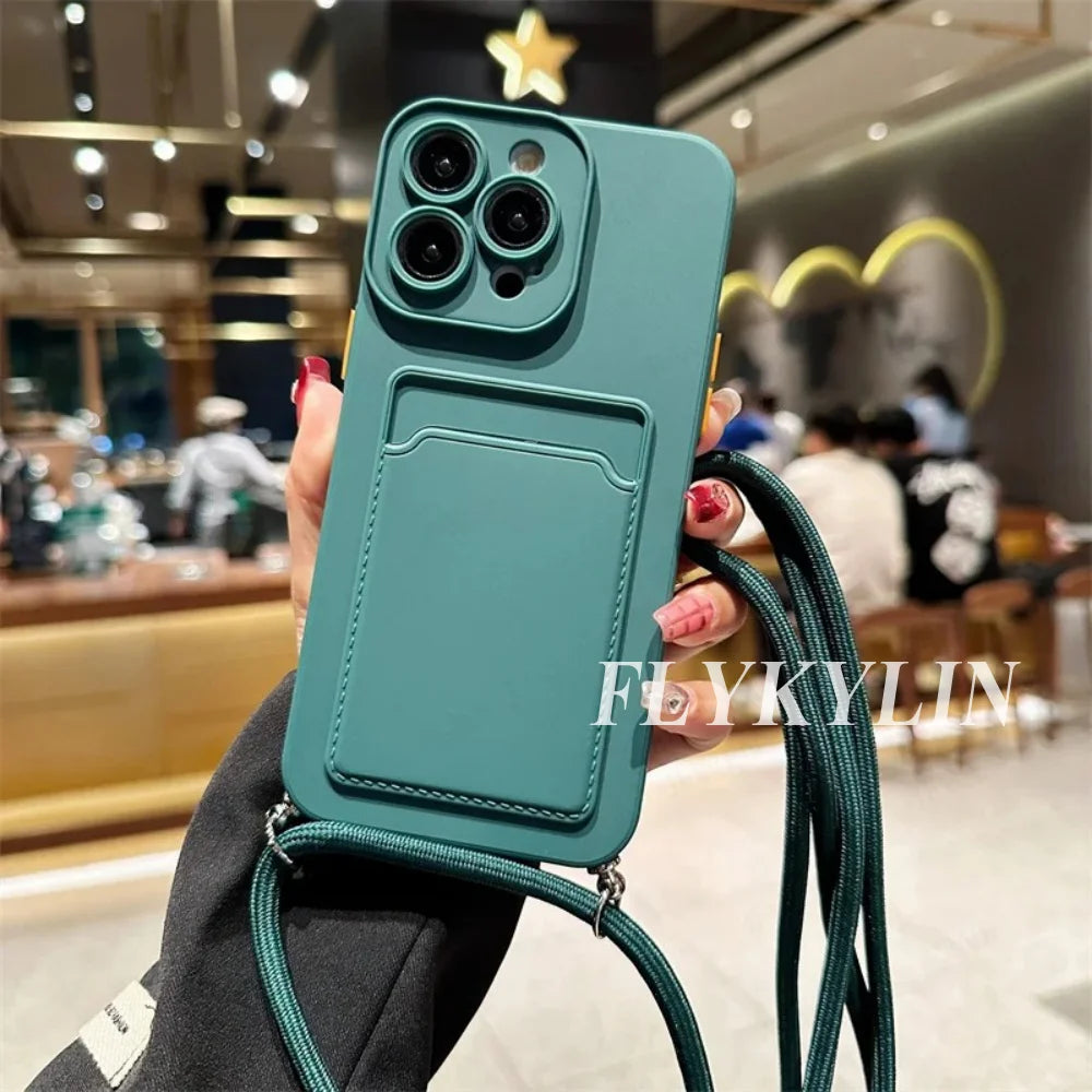 Flat Rope Solid Color Card Bag Phone Case For Xiaomi Redmi Note 14 13 12 Pro 11 10 Pro Plus 11S 10S Hanging Rope Soft Silicone