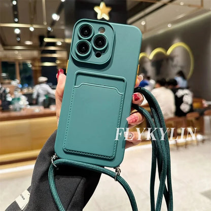 Flat Rope Solid Color Card Bag Phone Case For Xiaomi Redmi Note 14 13 12 Pro 11 10 Pro Plus 11S 10S Hanging Rope Soft Silicone