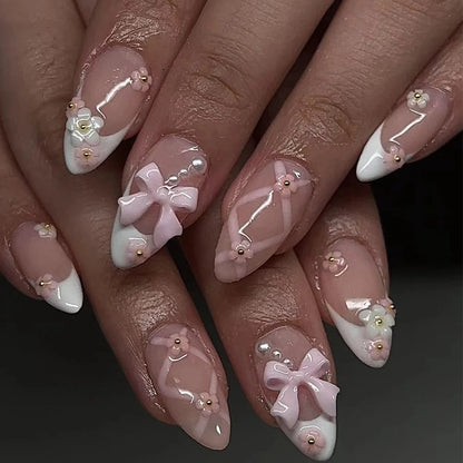 24Pcs Almond White French Press on Nails Pearl Bow False Nail Short Rhinestones Removable Nail stickers for Women and Girls