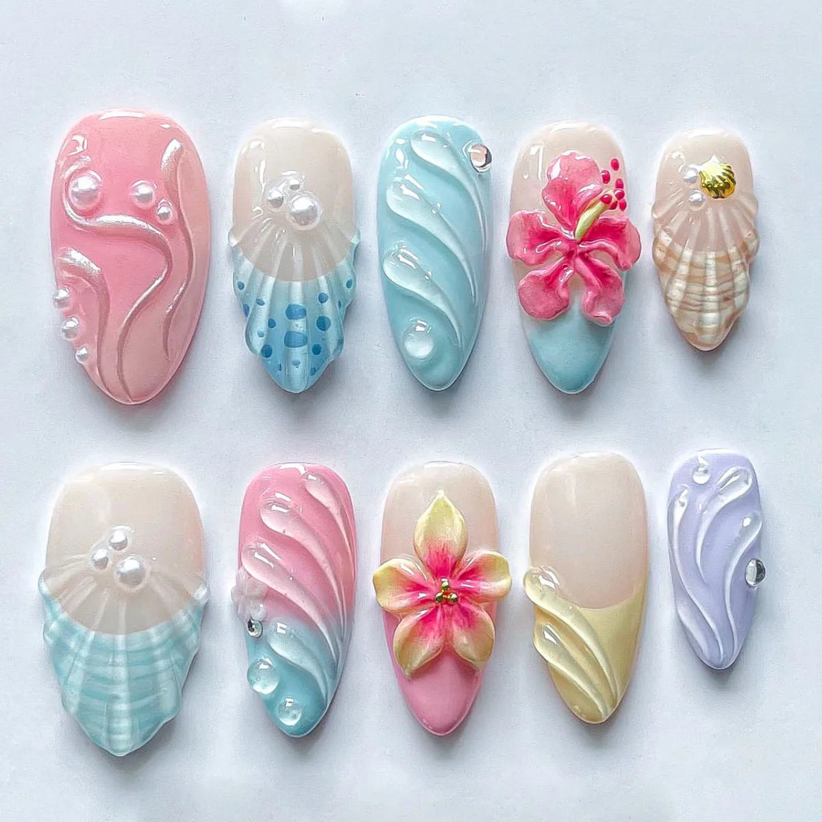 10pcs Handmade Fake Nail Art Ocean Seashell Design Blue Mid-length Oval False Nail Tips with Rhinestone Pearl Press on Nails Set