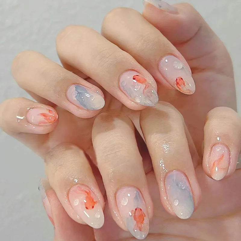 24pcs French Almond Press on Nails Flower False Nails Wearable Stick-on Nails Fake Nail Uñas Postizas Mujer Накладные Ногти 네일팁
