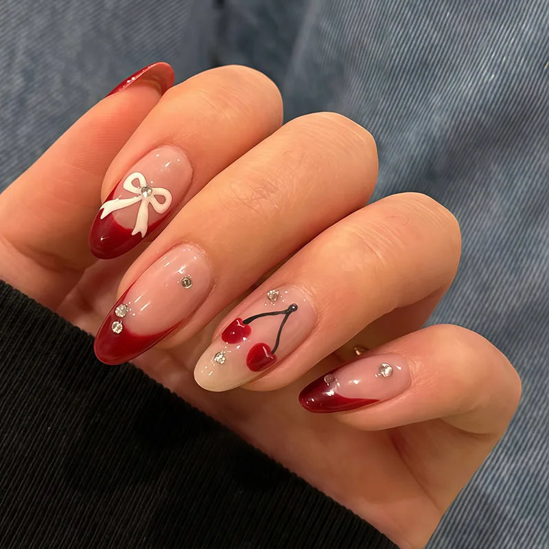 24pcs Cat's Eye Press on Nails Sets Simple Red Long Almond Fake Nails Tips Bow Design False Nail Rhinestone Round Head Manicure