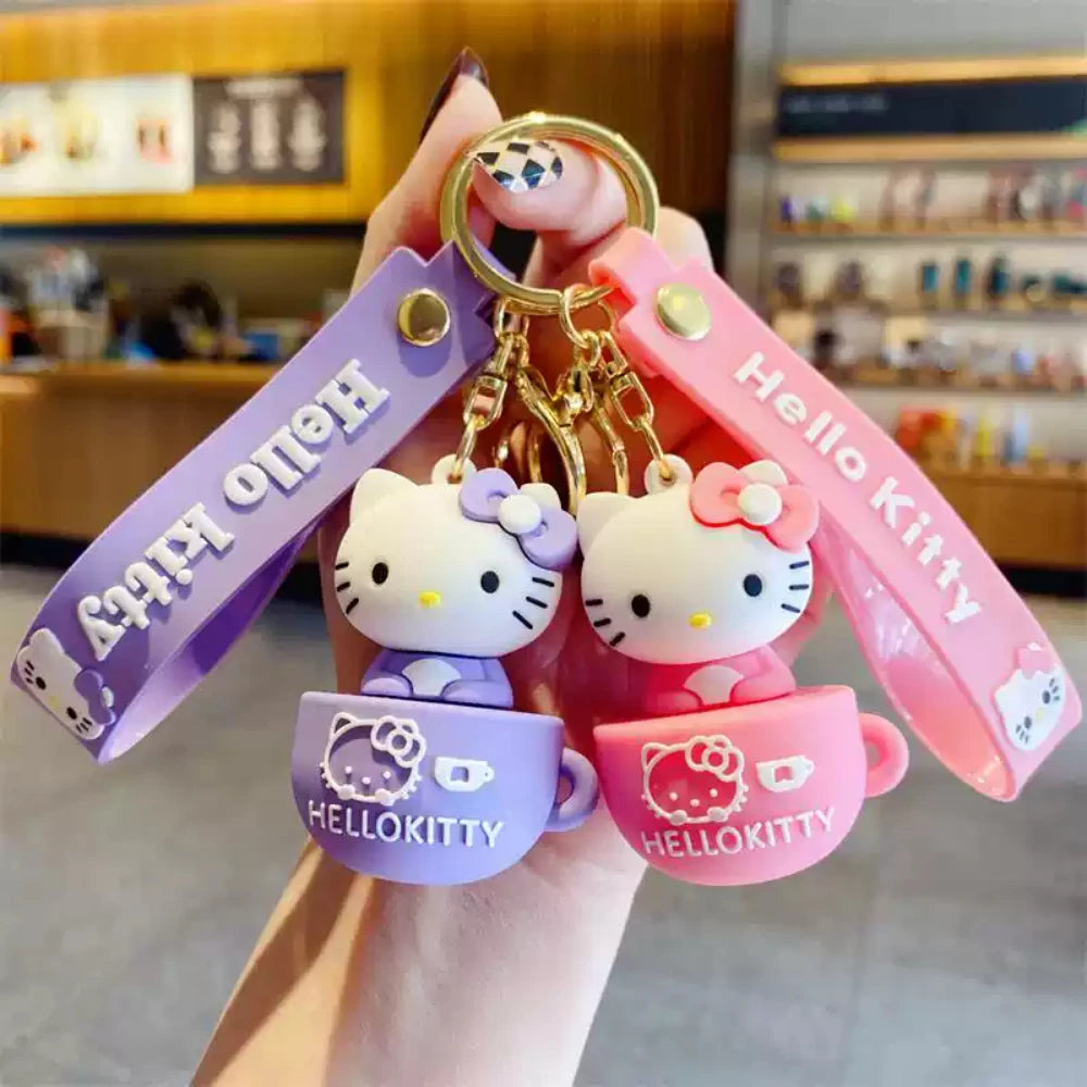Teacup Key Chain Women Cute Cartoon Hello Kitty Keychain Girl Schoolbag Shoulder Bag Car Keyring Kid Kawaii Gift Festival gifts