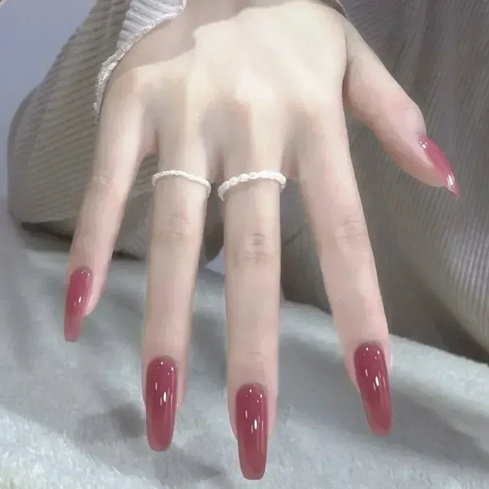 24pcs/Box Long Coffin False Nails Art Rose with Glue Wearable Nude Pink White Color Jelly Nails Tips Full Cover Press on Nails