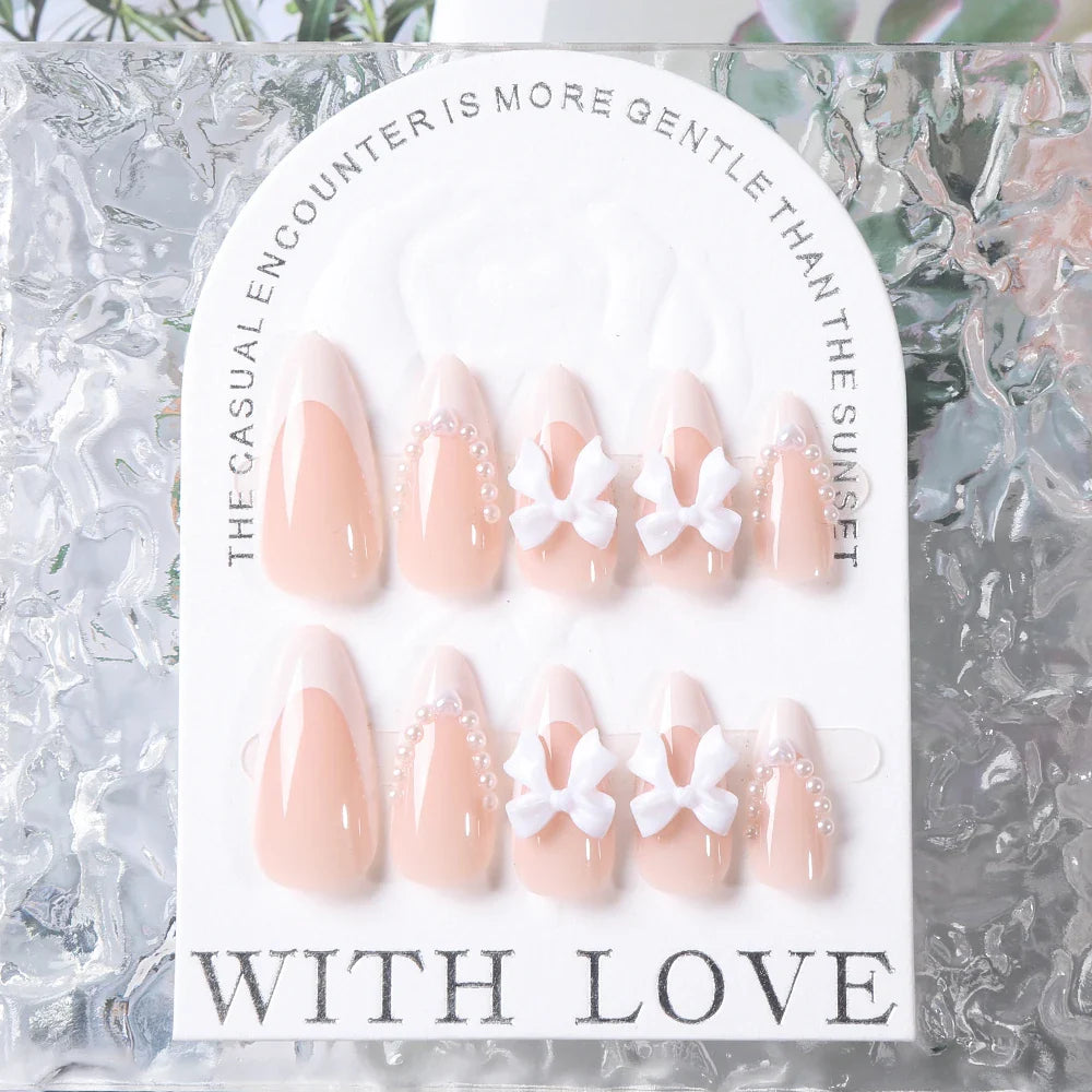 24Pcs Bow Pearl Press on Fake Nails Nude Pink Almond French Stick on False Nail Korean Sweet Girls Wearable Press on Nail + TOOL