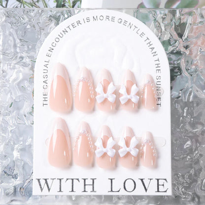 24Pcs Bow Pearl Press on Fake Nails Nude Pink Almond French Stick on False Nail Korean Sweet Girls Wearable Press on Nail + TOOL
