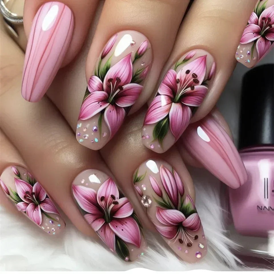 24Pcs White French Fake Nails with Glitter Rose Pattern Press on False Nails Gold Edge Line Design Artificial Nail Tips Art Long