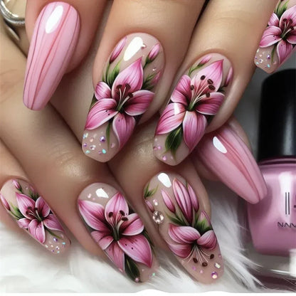 24Pcs White French Fake Nails with Glitter Rose Pattern Press on False Nails Gold Edge Line Design Artificial Nail Tips Art Long