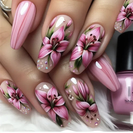 24Pcs White French Fake Nails with Glitter Rose Pattern Press on False Nails Gold Edge Line Design Artificial Nail Tips Art Long