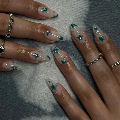 24Pcs Simple Green French False Nails Short Almond Fake Nails with Wave Line Design Wearable Round Head Press on Nail Tips