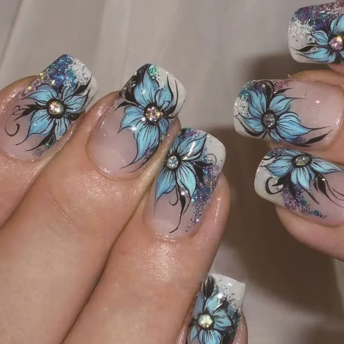 24pcs Sweet Cool False Nails Gradient French Fake Nail Tips with Purple Flowers Design Short Square Press on Nails Colorful Nail