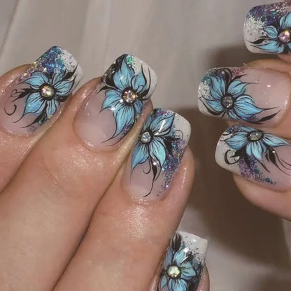 24pcs Sweet Cool False Nails Gradient French Fake Nail Tips with Purple Flowers Design Short Square Press on Nails Colorful Nail