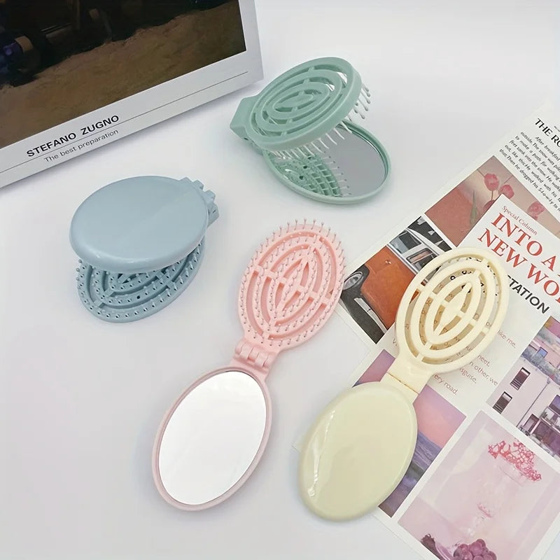 Foldable Travel Hair Brushes with Mirror Portable Folding Pocket Hair Brush Mini Hair Comb Compact Size Hair Massage Comb