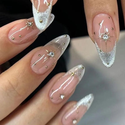 24Pcs White Gradient Press on False Nails Acrylic Stiletto Almond Fake Nail Wearable Solid Color Simple Full Cover Manicure Tips