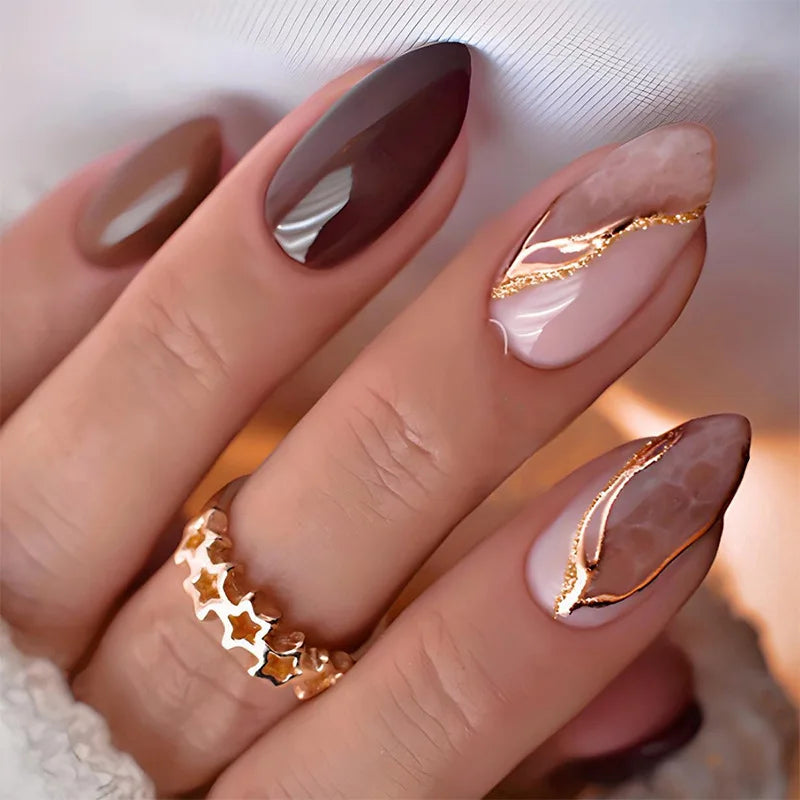 24pcs Almond False Nails Tips Summer Beach Colorful Nails Sets with Pearl Flower Design Press on Nails Art Wearable Fake Nail