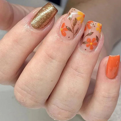 24Pcs Short Almond Press-On Nails Pink Floral French Tip Glossy&Elegant Full Cover Fake Nails for Women&Girls Spring,Daily Wear