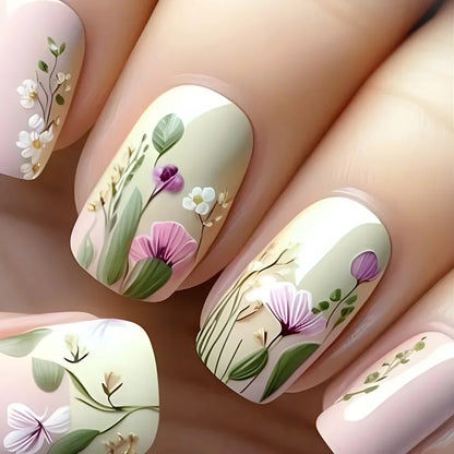 24Pcs White French Fake Nails with Glitter Rose Pattern Press on False Nails Gold Edge Line Design Artificial Nail Tips Art Long