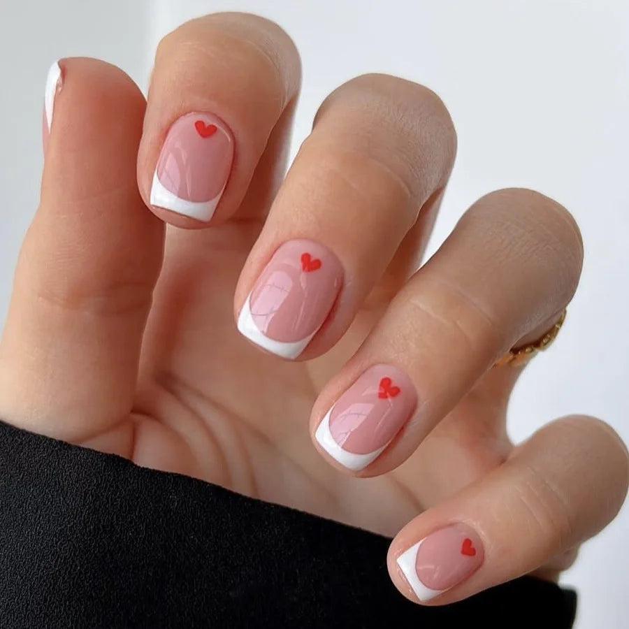 24Pcs Spring Colorful French Fake Nail with Designs Short Square Head Press on False Nails Wearable Simple Jelly Sticks on Nails