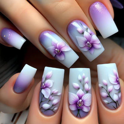 24Pcs Cute Square Stick on Fake Nail with Cartoon Panda Flower Pattern French Nail Art Acrylic Detachable Fashion False Nail Tip