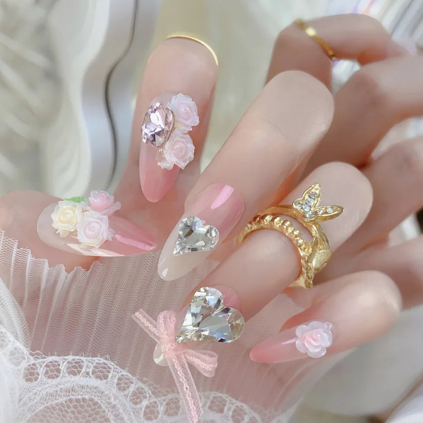 24Pcs Short Almond Press-On Nails Pink Floral French Tip Glossy&Elegant Full Cover Fake Nails for Women&Girls Spring,Daily Wear