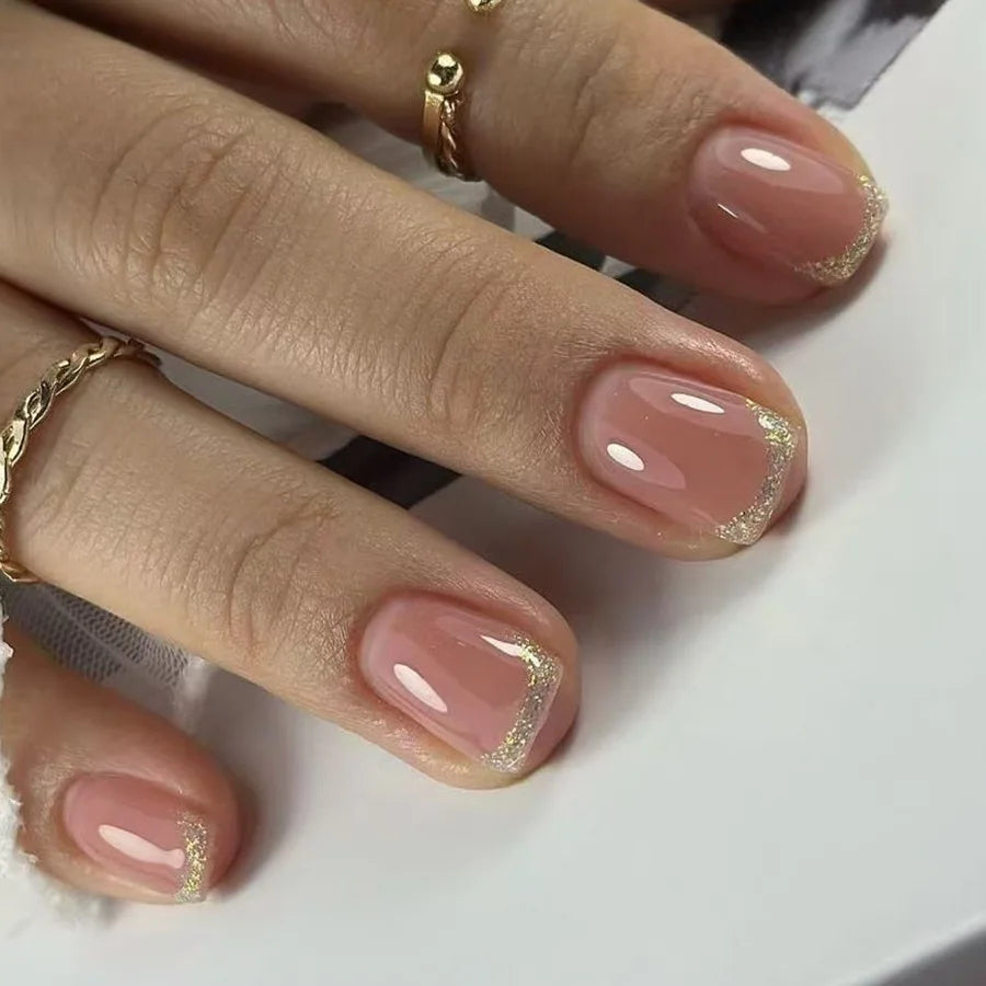24Pcs Spring Colorful French Fake Nail with Designs Short Square Head Press on False Nails Wearable Simple Jelly Sticks on Nails