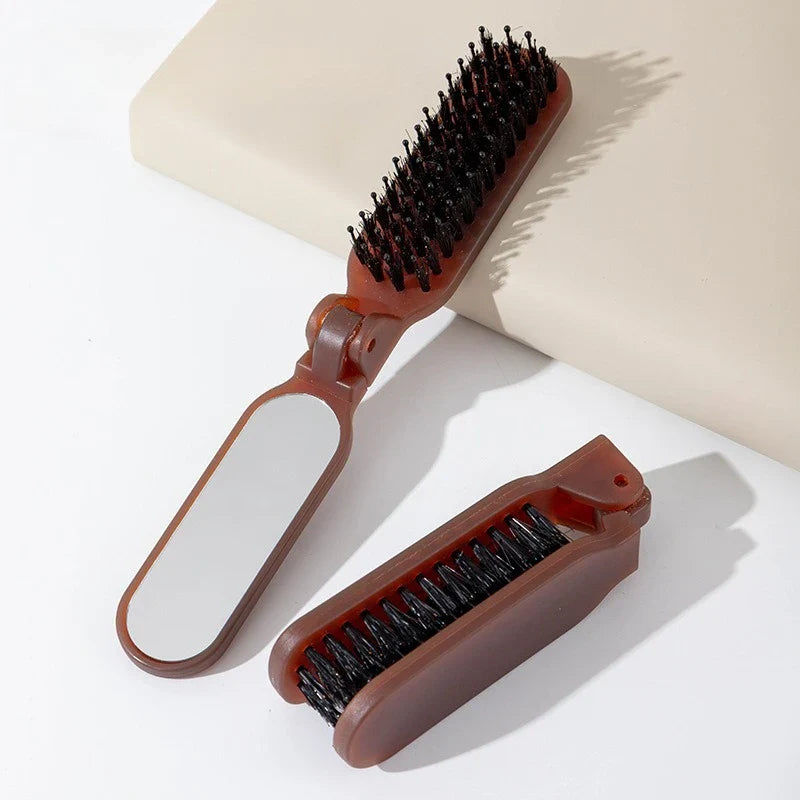 1Pc Foldable Bristle Comb with Mirror Mane Bristle Hair Brush Portable Pocket Collapsible Travel Massage Salon Hair Styling Tool