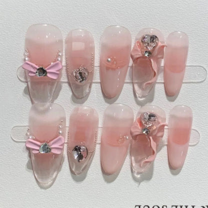 10pcs Purple Cat's Eye Handmade Fake Nails Tips Glitter Mid-length Oval Press on Nails Art Bow Rhinestone Design False Nail Sets