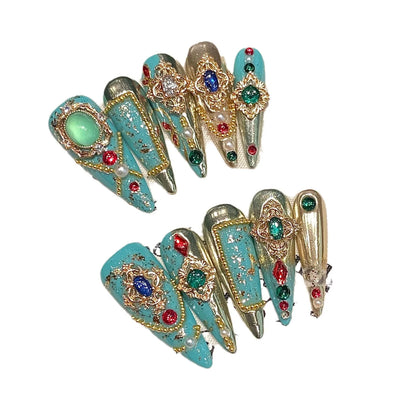 10pcs Green Long-pointed Press On Nails For Wedding Flash Gold Foil Chain Decors Luxury False Nails New Year French Fake Nail