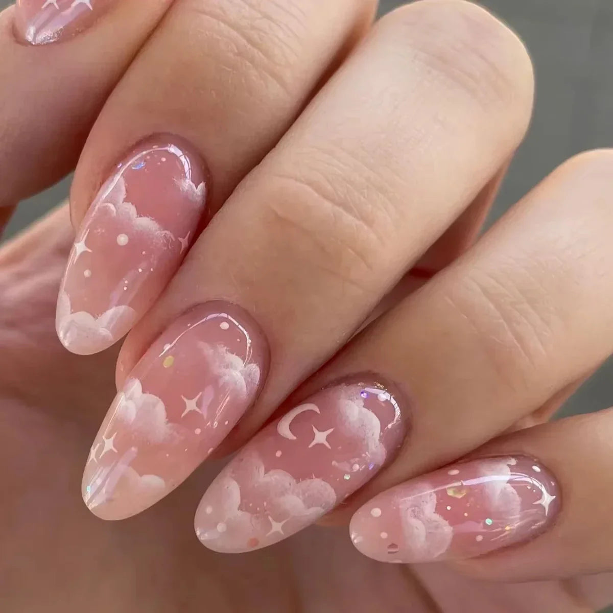 24Pcs Almond White French Press on Nails Pearl Bow False Nail Short Rhinestones Removable Nail stickers for Women and Girls