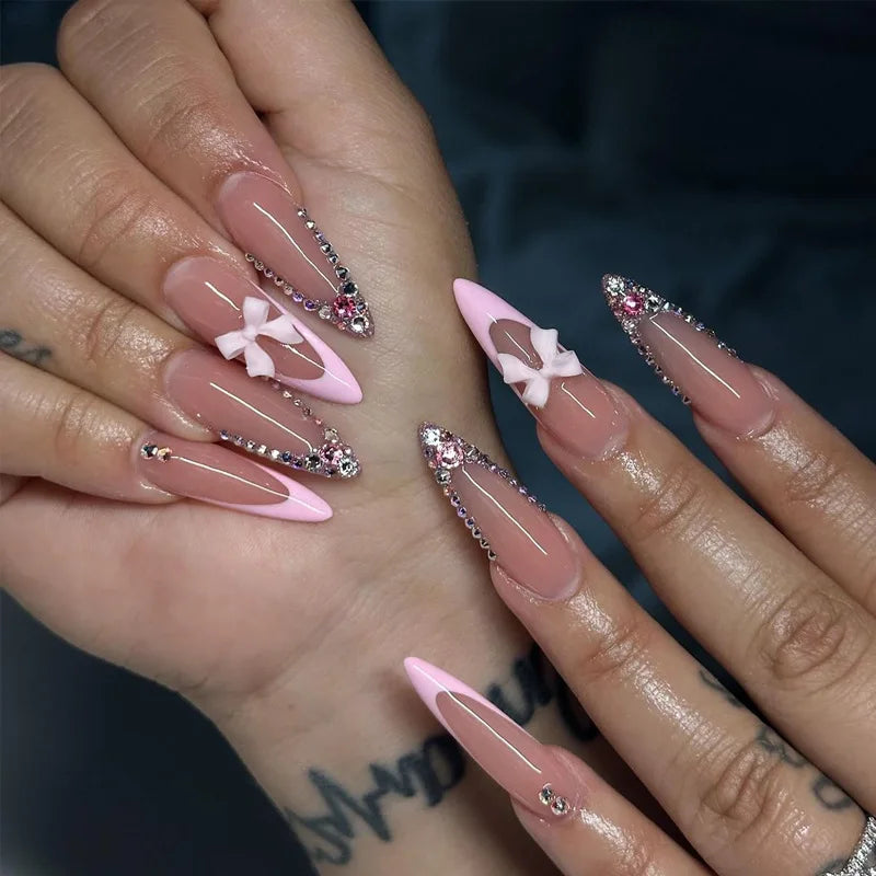 24pcs Sweet Cat Eye French Press on Nails Diamond-Pointed Three Dimensional Bow Knot Wearable Nail For Women&Girl Almond Nail
