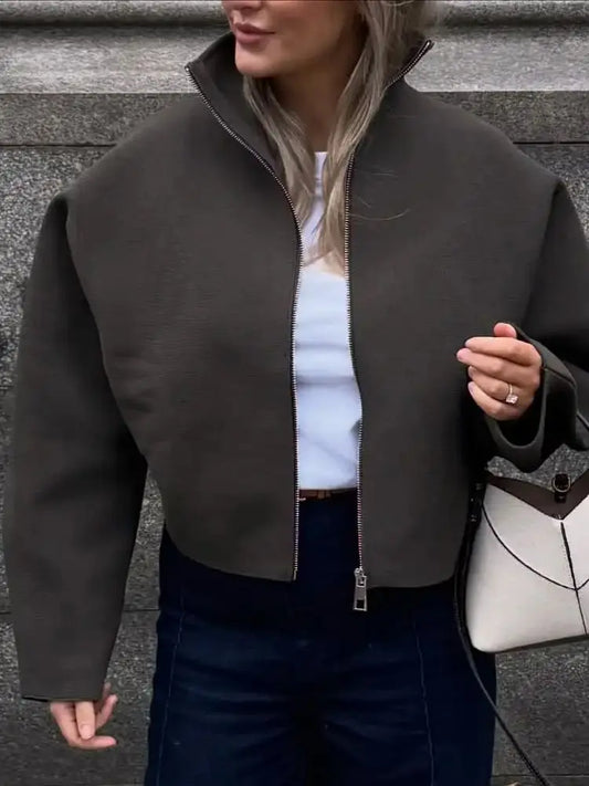 Women Casual Solid Knitted Short Cardigan Lapel Full Sleeve Zipper Loose Cropped Coats 2025 Lady Daily Commute Fashion Outerwear