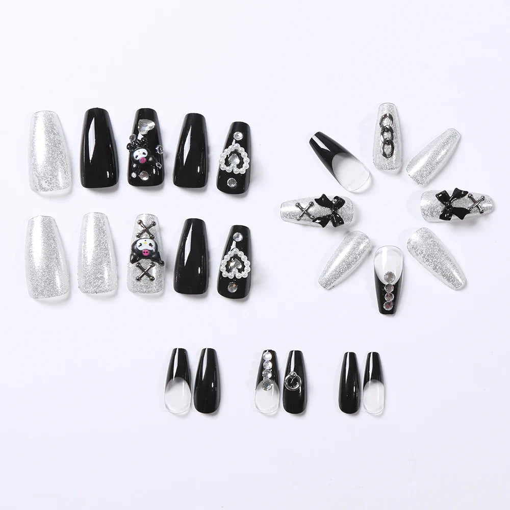 24Pcs 3D kuromi press on nails Y2K Cartoon Handmade Fake Nails Black Gel nail Wearable Nails Cinnamoroll Melody Anime False Nail