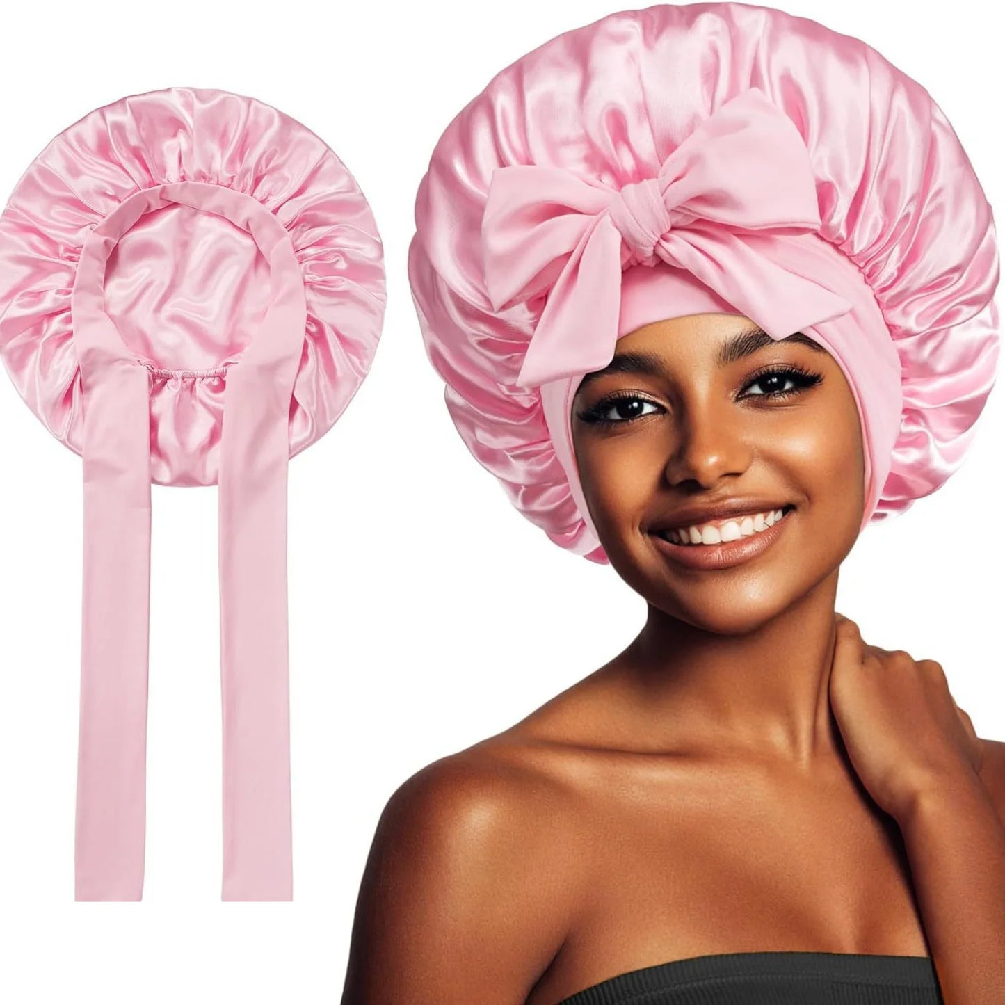 Women Satin Tie Bonnet Spandex Wide Stretchy Band Long Tail Satin Cheveux Nuit Silk Sleeping Night Cap Bonnets for Women