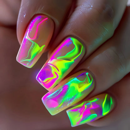 24Pcs Fashion French Fake Nails Colorful Glitter with Butterfly Patterns Medium Square False Nail Art Wearable Acrylic Nail Tips