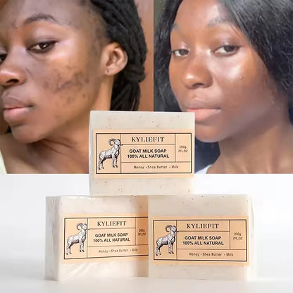 KYLIEFIT Goat Milk Brightening Soap Bar, Remove Spots, Natural, Lightening, Cleaning, Moisturize, With Honey, Shea Butter, 200g