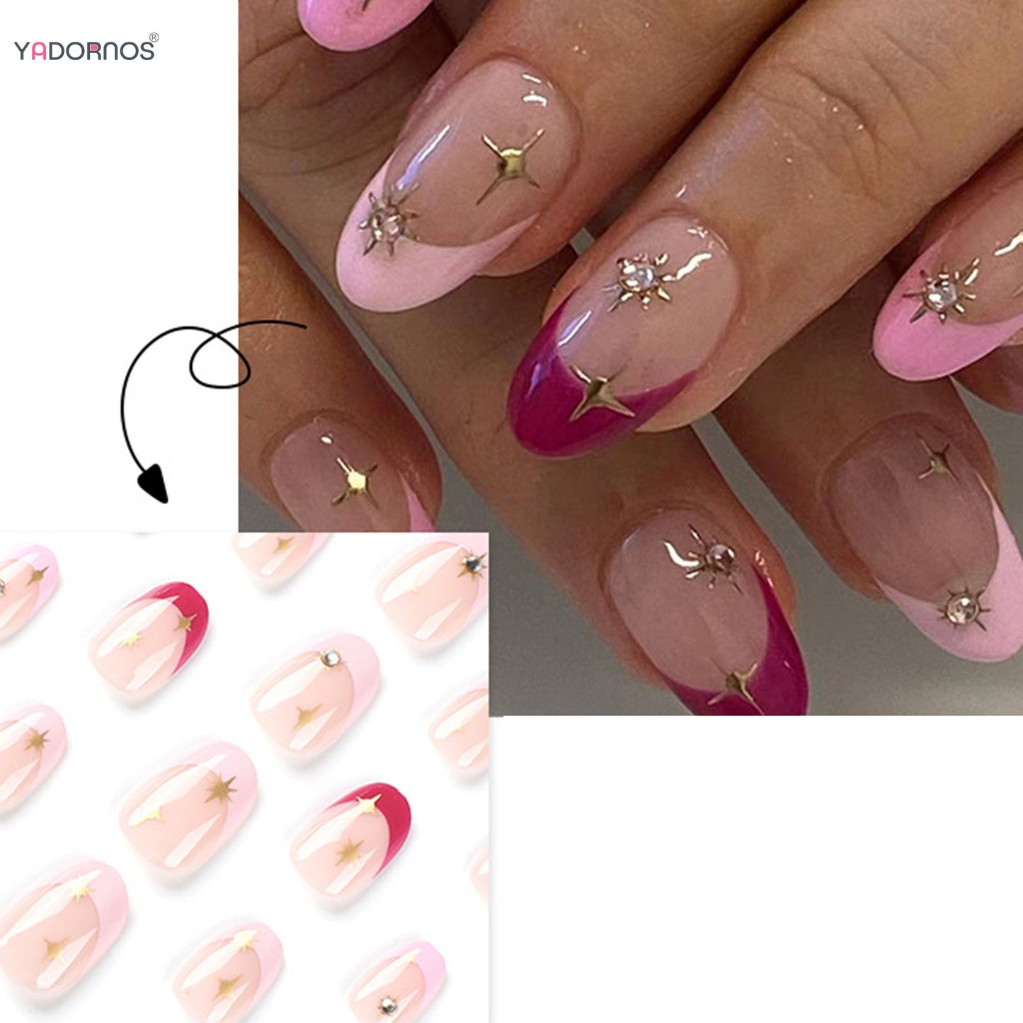24pcs Short Almond Pink French False Nails Star Design Press on Nails Fake Nails DIY Manicure Detachable Stick-on Nail Tips