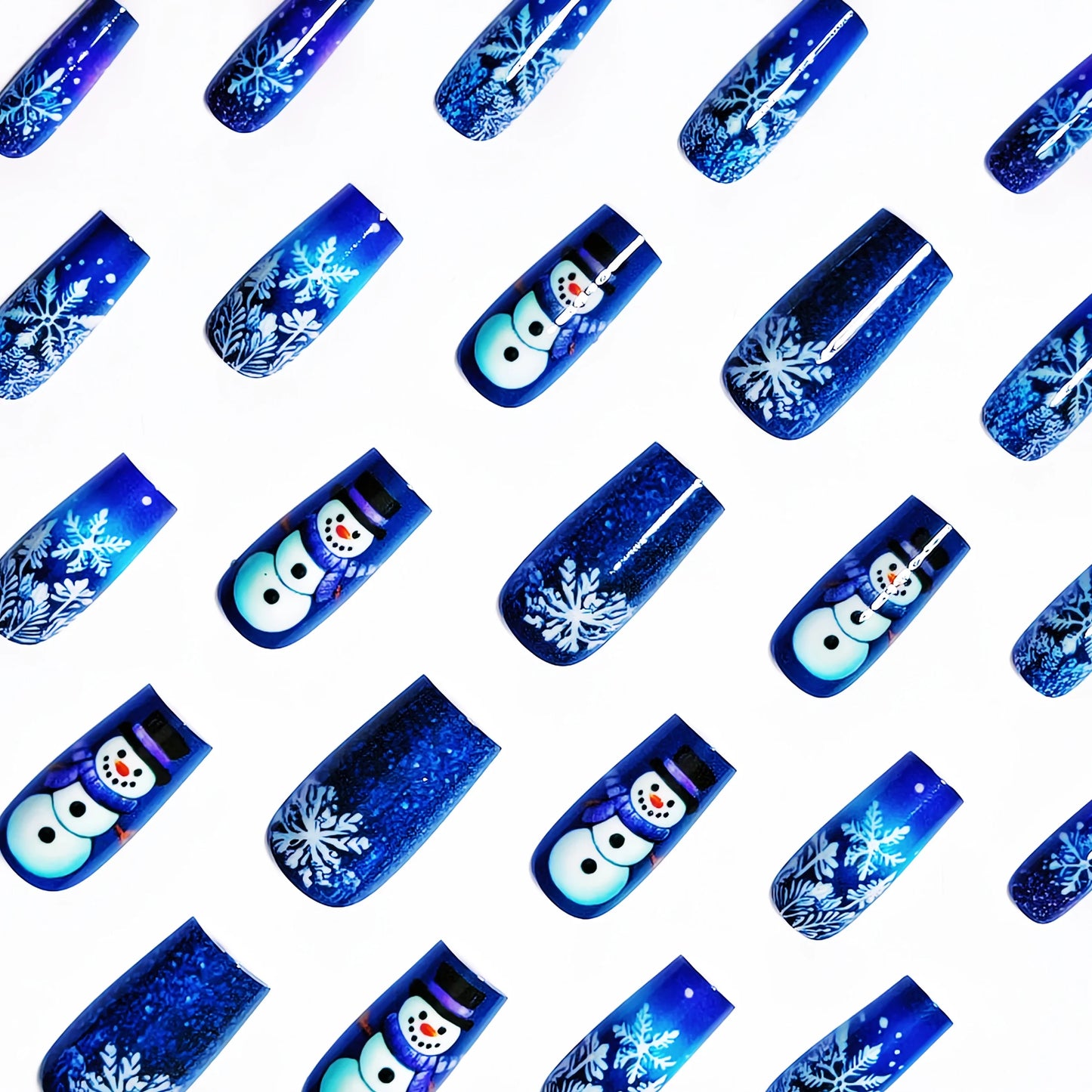 24pcs Glittering Blue & Purple Ombre Christmas Press-On Nails with Snowflake & Snowman Design - Medium Length Glossy False Nails