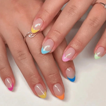 24Pcs Long Almond Fake Nails with White Edge Design Wearable French Press on False Nails Simple Full Cover Nail Tips Manicure