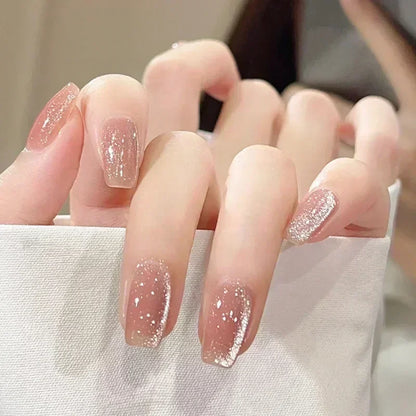 24Pcs Glitter Diamond Press On Nails Sweet Cute Girl Acrylic Nails Full Cover Short Square Fake Nails Wearable Manicure Nail Tip